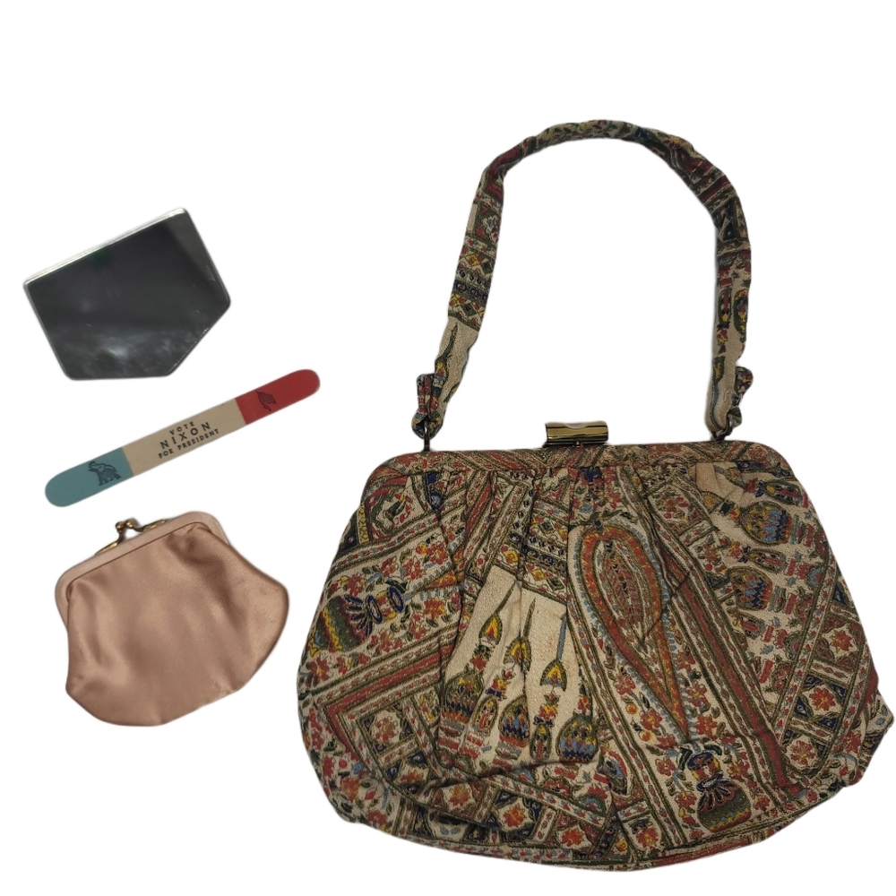 Ingber vintage 60s silk kiss lock purse with coin purse, mirror and Nixon file.